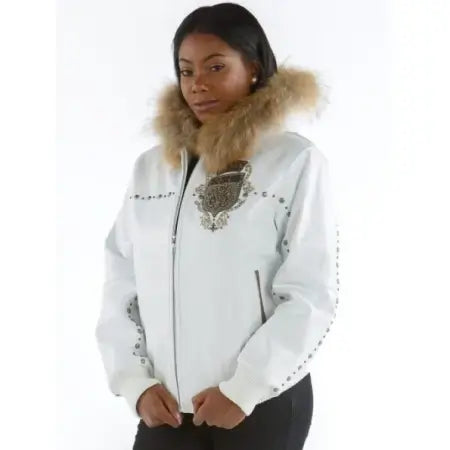 Pelle Pelle White Leather Jacket with Fur Hood