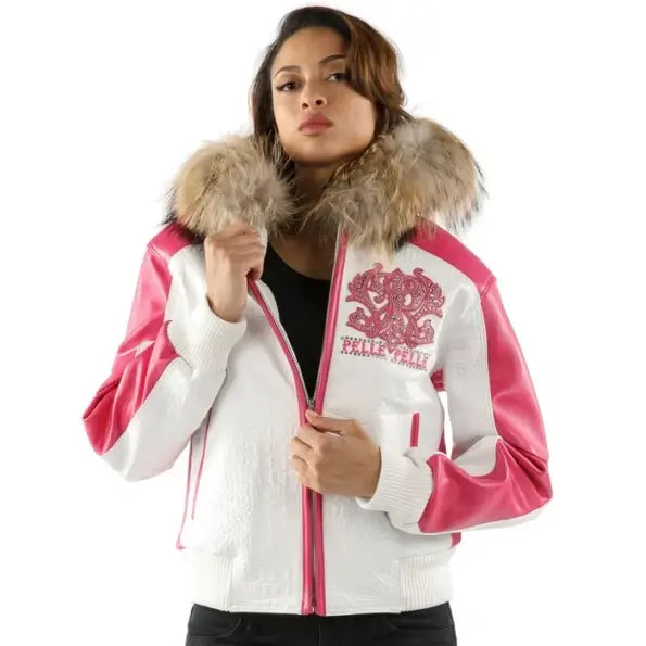 White-Pink Women's Leather Jacket | Fur Hood