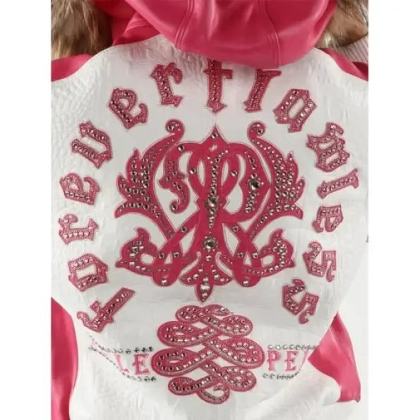 White-Pink Women's Leather Jacket | Fur Hood