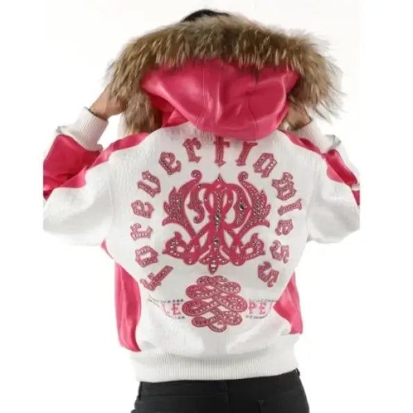 White-Pink Women's Leather Jacket | Fur Hood