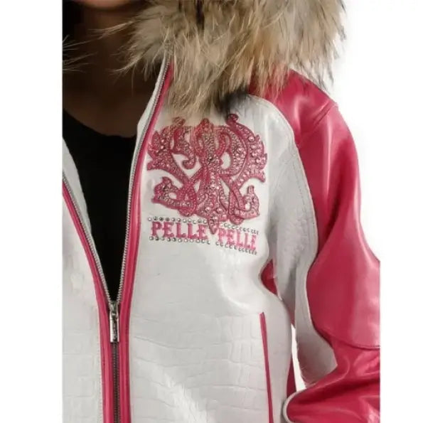 White-Pink Women's Leather Jacket | Fur Hood