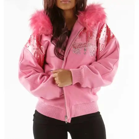 Pink Fur Hooded Wool Jacket