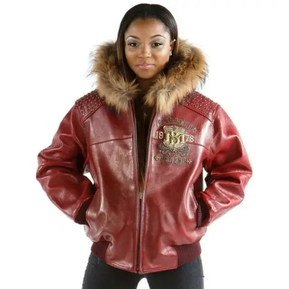 Pelle Pelle Women Red Leather Jacket with Fur Hood